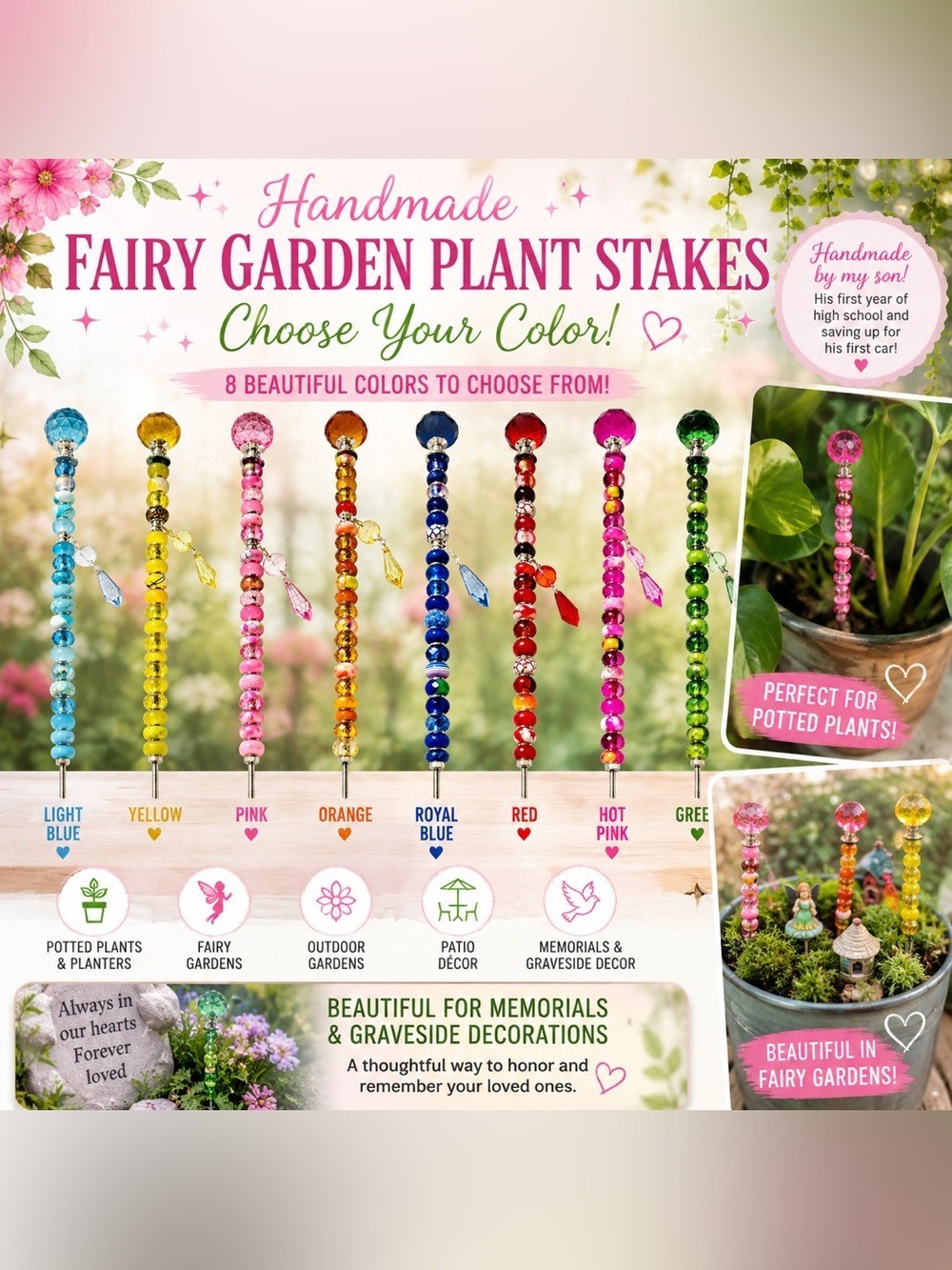 ✨ Handmade Fairy Garden Plant Stakes | Choose Your Color | Beaded Plant Decor |